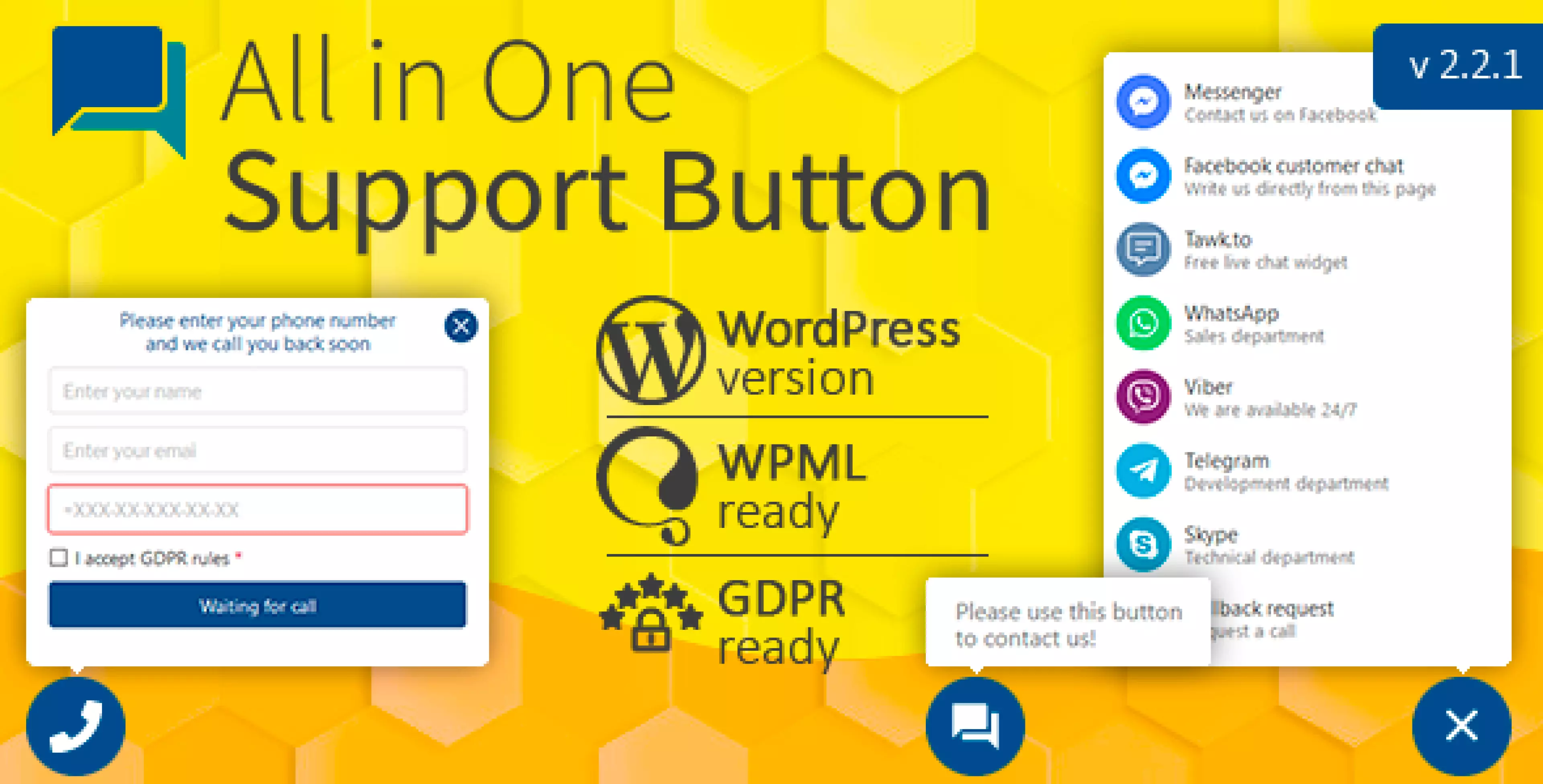 All in One Support Button + Callback Request. WhatsApp, Messenger, Telegram, LiveChat and more... 1627245304209